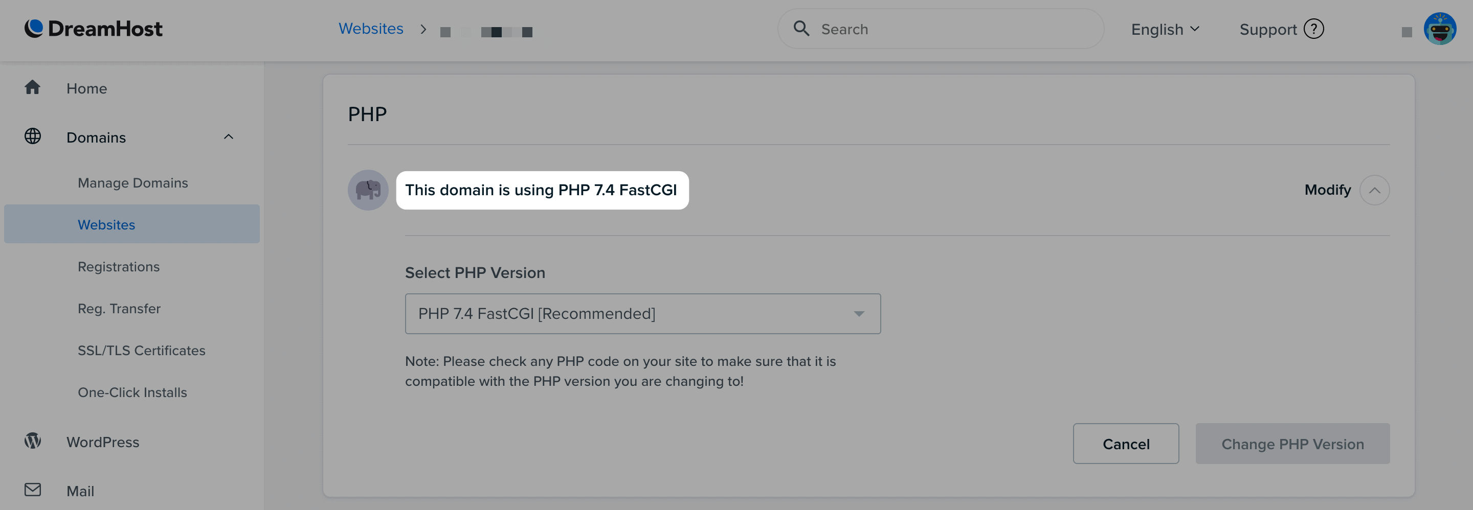 La versión actual de PHP en DreamHost.