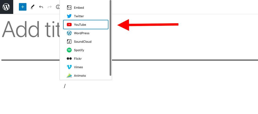 Agregar el bloque de Youtube (método de teclado)