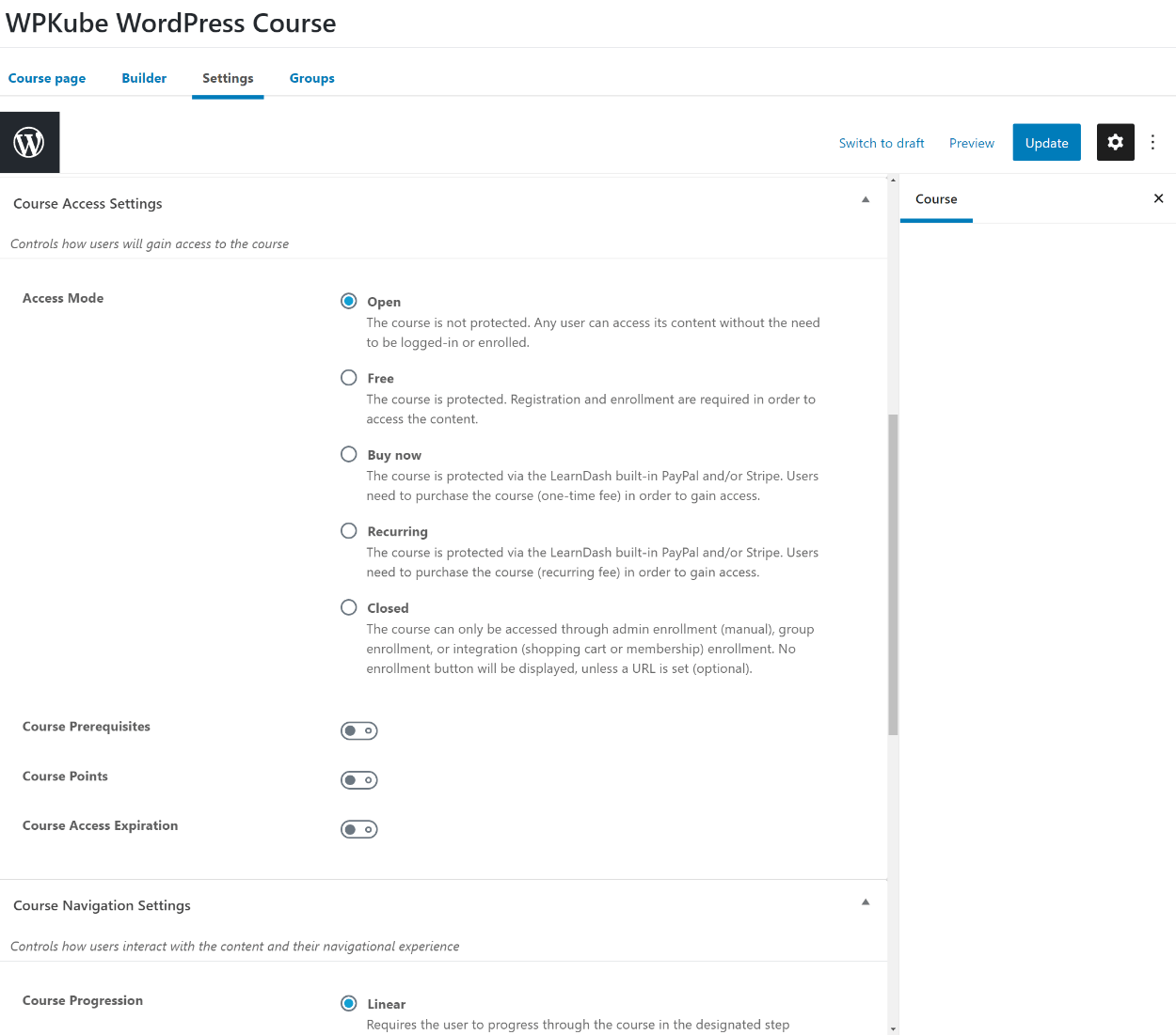Configuración del curso LearnDash