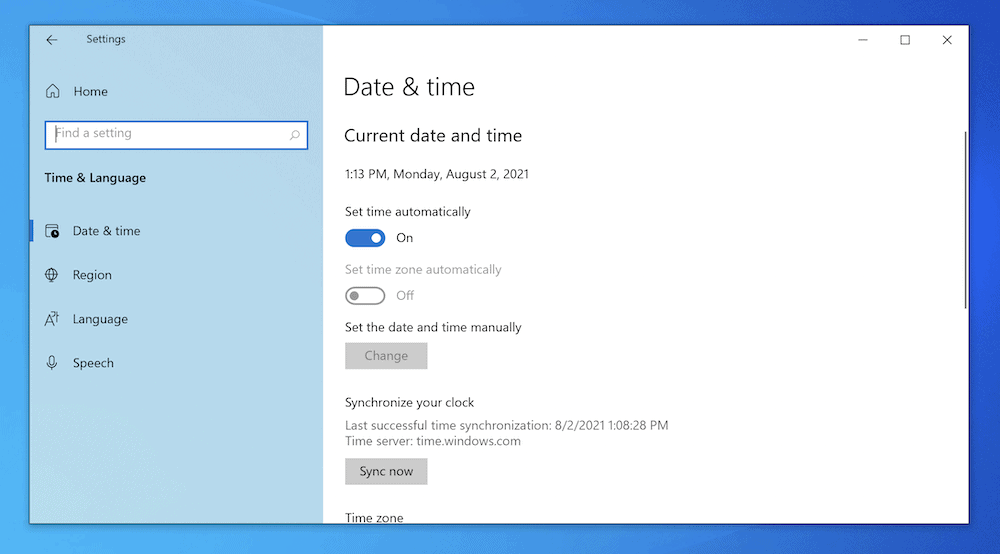 Configuración de fecha y hora de Windows.