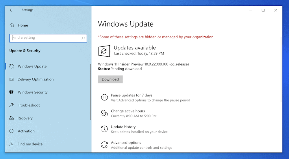Pantalla de actualización de Windows.