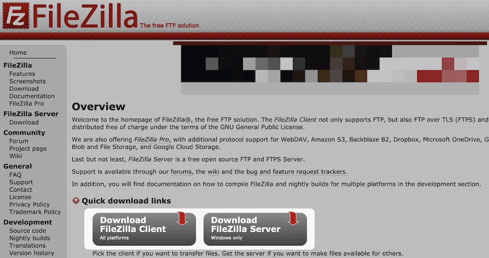 Página de inicio de FileZilla.