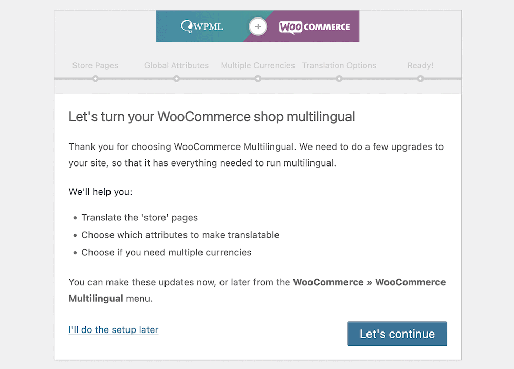 Asistente de configuración multilingüe de WooCommerce.