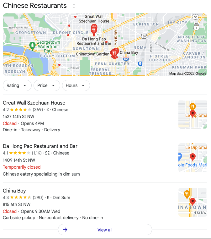 Resultados del mapa empresarial de Google