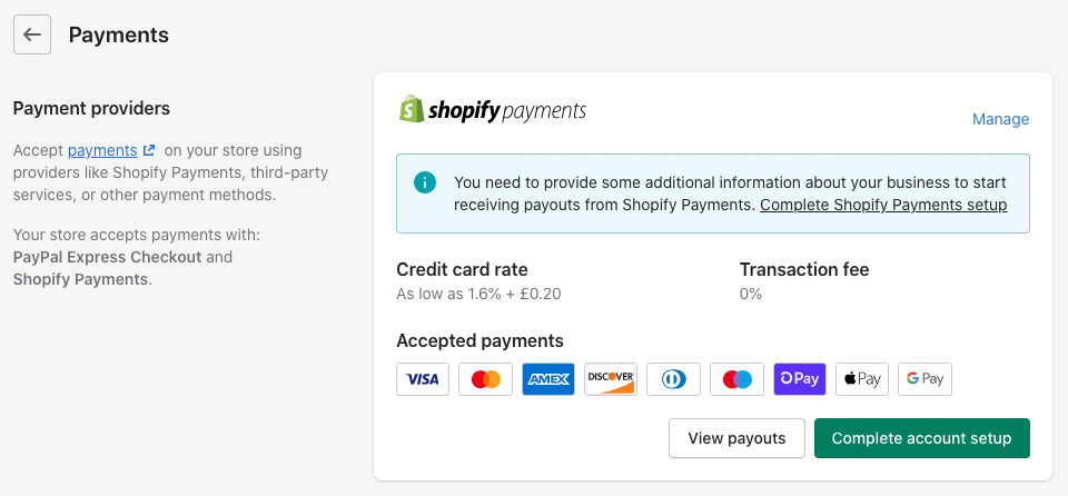 Configuración de pagos de Shopify