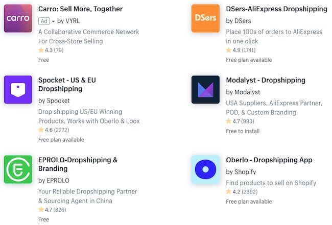 Aplicación de dropshipping en la tienda de aplicaciones de Shopify