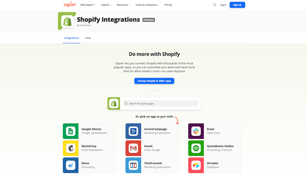 Shopify integraciones en Zapier.