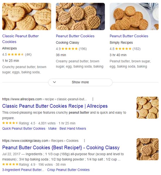 Captura de pantalla del resultado de una rica receta de Google