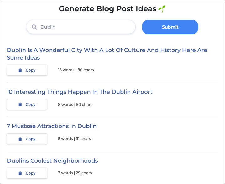 Generación de ideas para publicaciones de blog en GrowthBar