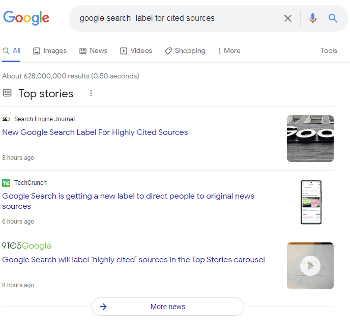 Captura de pantalla de una vista de Google Top Stories