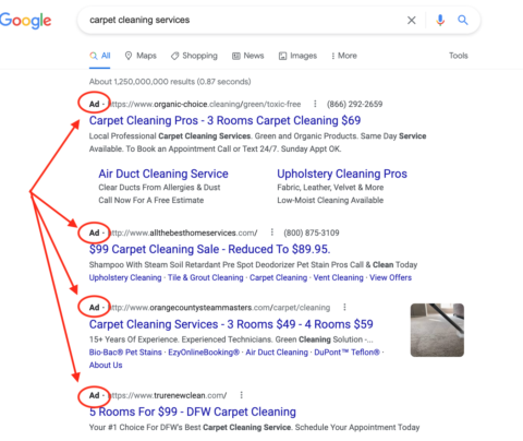Capturas de pantalla de anuncios de motores de búsqueda