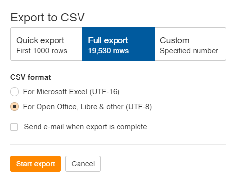 Imagen que muestra cómo exportar palabras clave UTF-8 como un archivo CSV