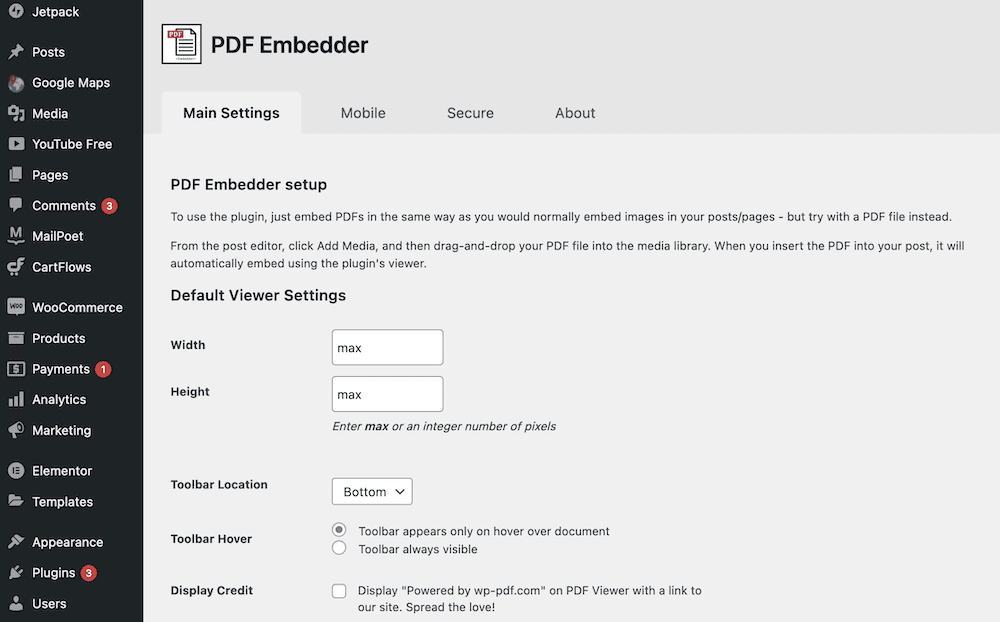 Incrustar página de configuración de PDF.
