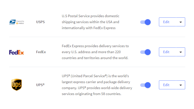 Opciones de envío de BigCommerce con USPS, FedEx y UPS y opciones de desactivación o activación para cada transportista externo
