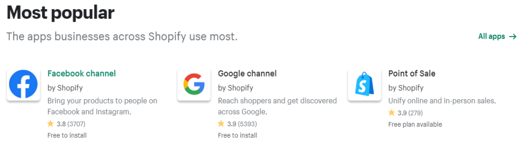 Ejemplos de las aplicaciones más populares para Shopify, que muestran el canal de Facebook, el canal de Google y el punto de venta