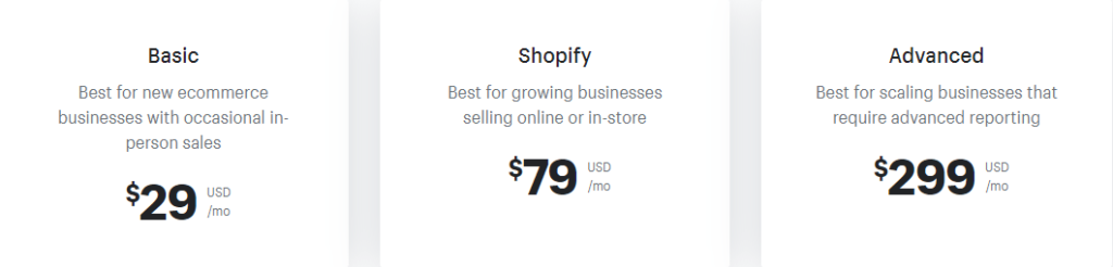 Opciones de precios de Shopify con los planes Básico, Shopify y Avanzado