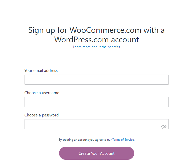Regístrese en la página para registrarse en WooCommerce.com con una cuenta de WordPress.com