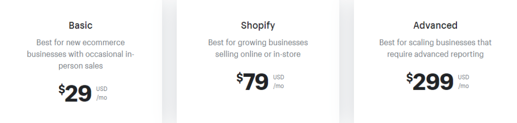 Niveles de precios de Shopify con opciones para el plan Básico, Shopify o Avanzado