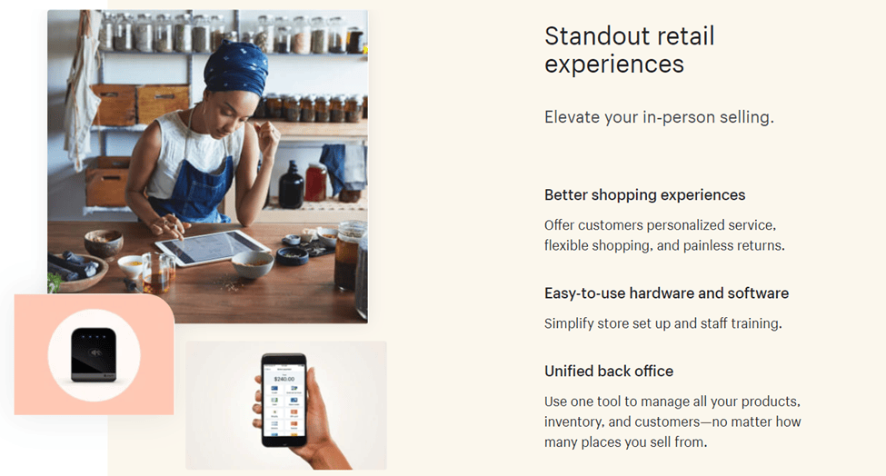 La página de Shopify en la que escribe "Experiencias minoristas excepcionales" con titulares que dicen Las mejores experiencias de compra, hardware y software fáciles de usar y un back office unificado