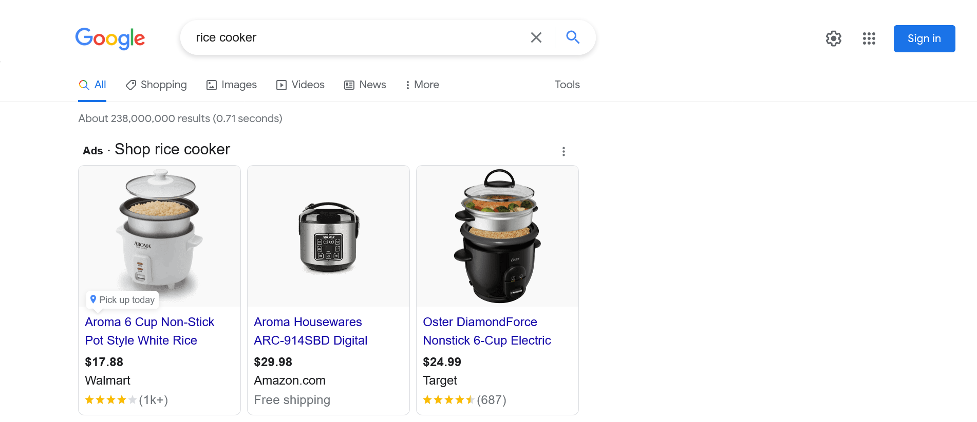 Ejemplo de la función SERP de Google Shopping Ads