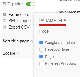 Menú de parámetros de la extensión SEOquake Chrome