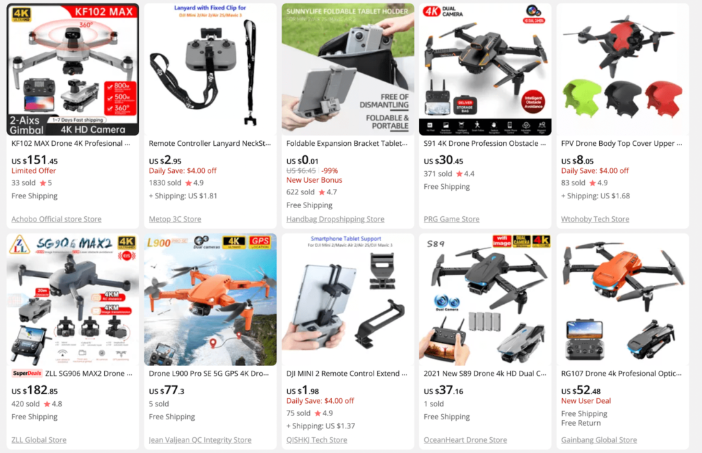 Catálogo de productos de AliExpress con drones, partes de drones y cámaras de costos
