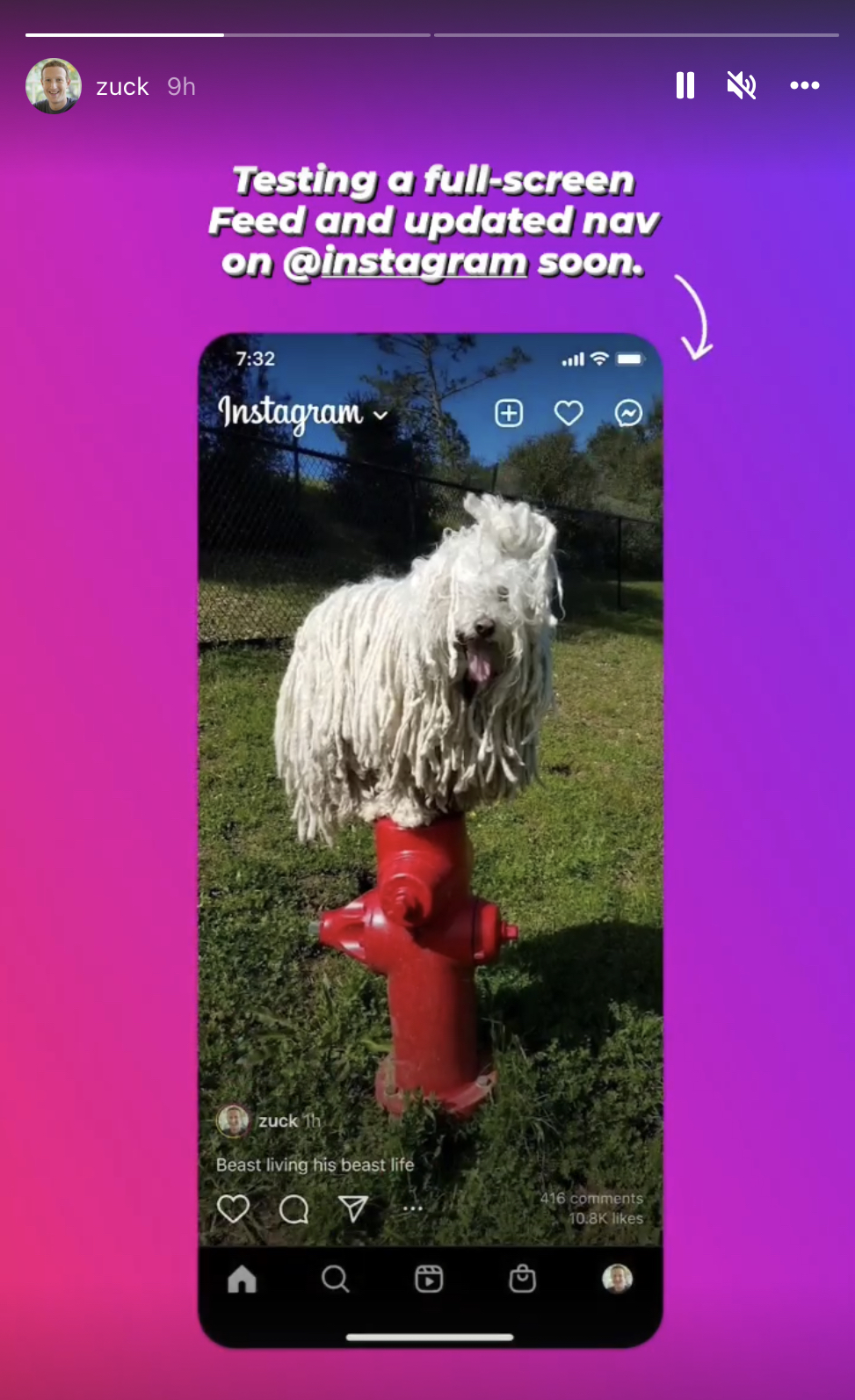El feed principal de Instagram está en pantalla completa.