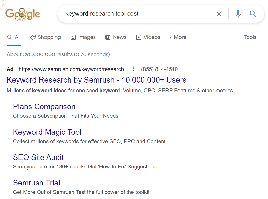 Un ejemplo de búsqueda de una herramienta de investigación de palabras clave es costoso para mostrar un anuncio.