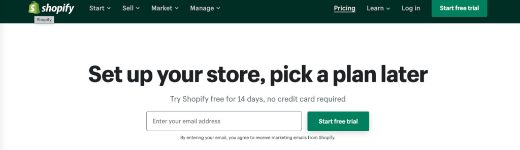 Página de prueba gratuita de Shopify