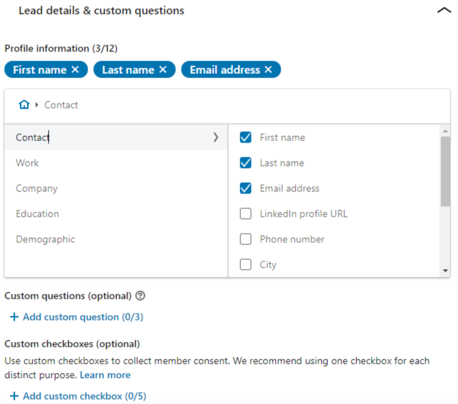 detalles de clientes potenciales y preguntas personalizadas para formularios de clientes potenciales de LinkedIn