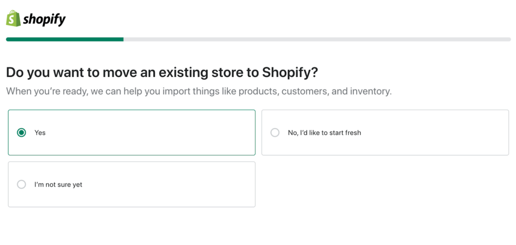 Página de Shopify preguntando, "¿Quieres mover una tienda existente a Shopify?"