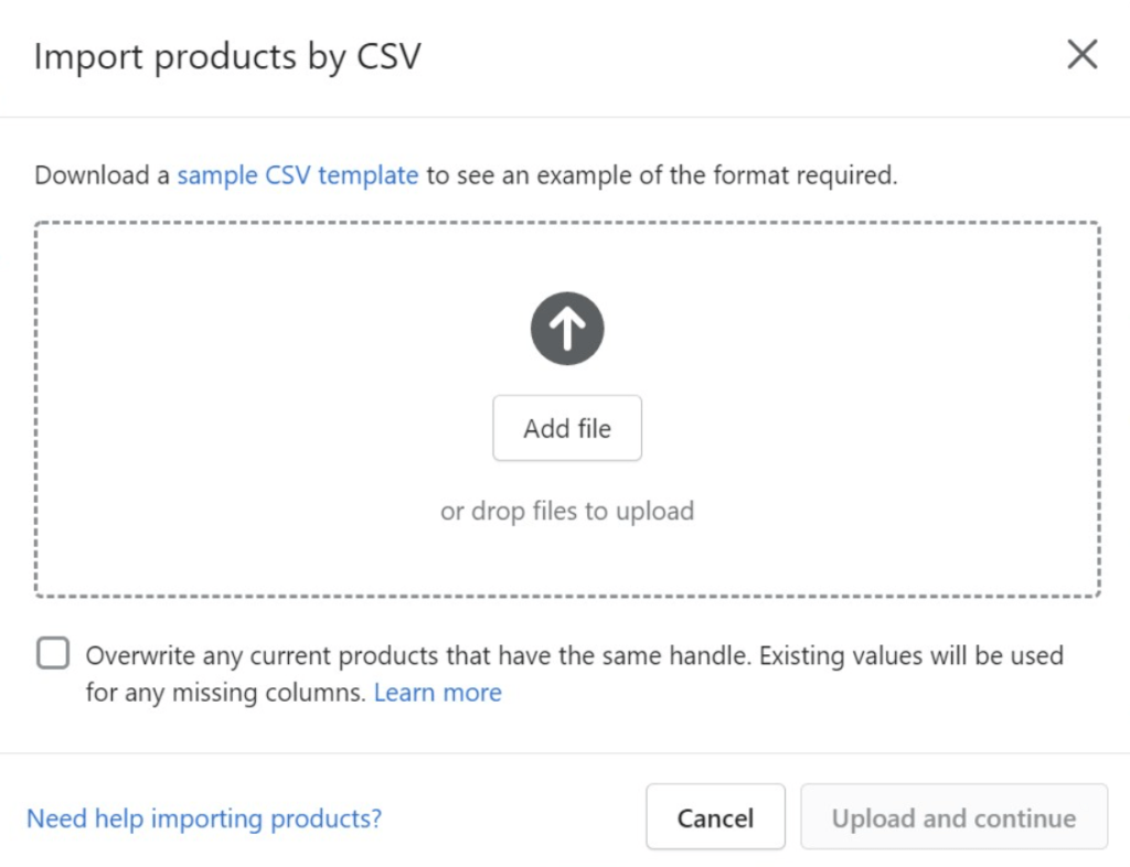 Página de Shopify para importar productos a través de CSV