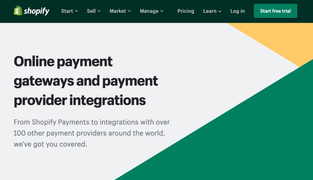 Página de inicio de Shopify que dice: "Integraciones de proveedores de servicios de pago y pasarelas de pago en línea."