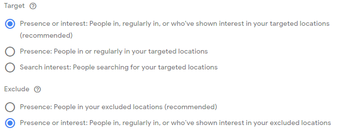 Google Ads tiene varias opciones de configuración de ubicación.