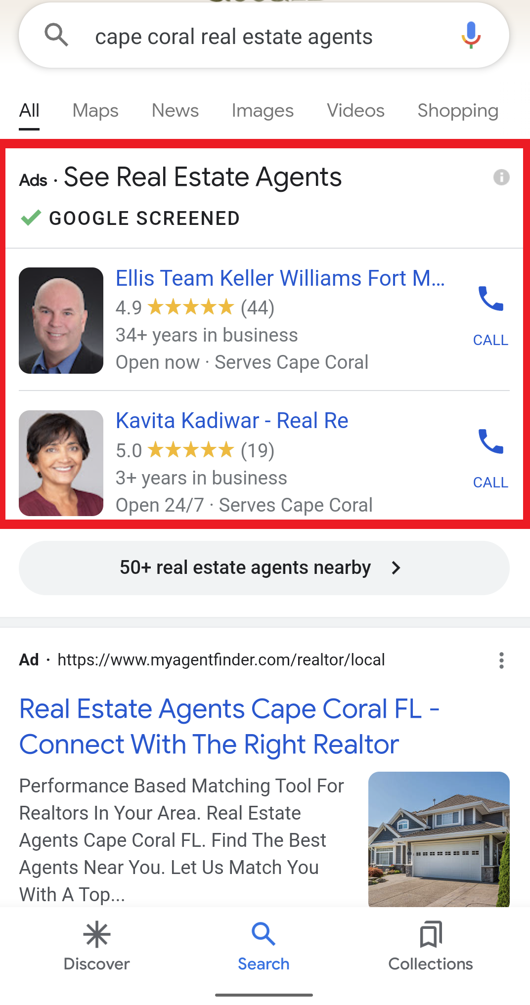 Ejemplo de anuncios de servicios locales en la búsqueda de Google.