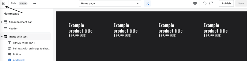 Editor de diseño de Shopify con una flecha negra que apunta al icono de salida