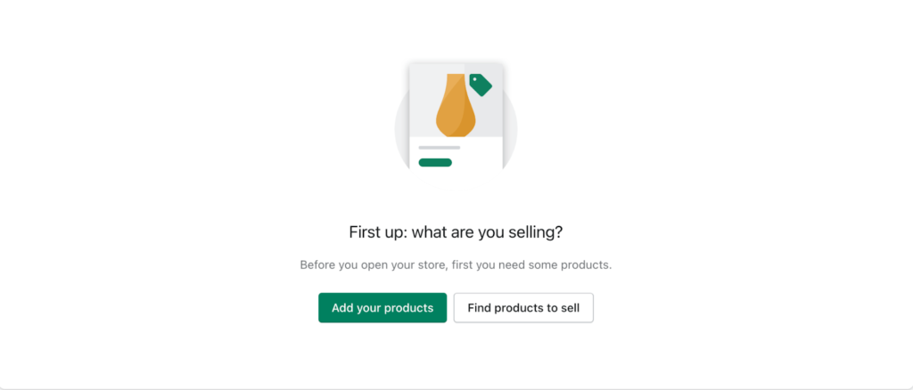 Página de productos de Shopify con botones para agregar productos y encontrar productos para vender