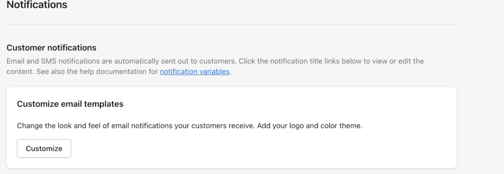 Página de notificación de Shopify con opción para personalizar plantillas de correo electrónico