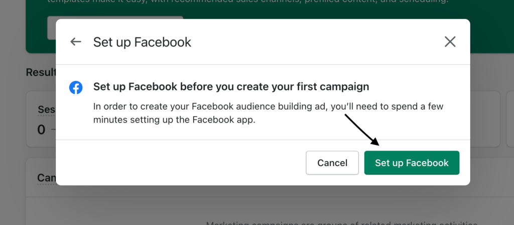 Ventana emergente para configurar Facebook en Shopify con la flecha negra apuntando al botón verde que dice Configurar Facebook