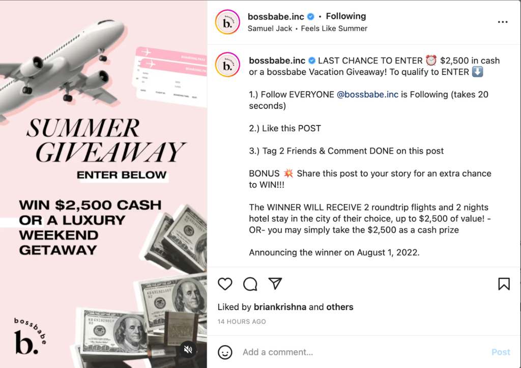Captura de pantalla de la publicación de Bossbase.inc en Instagram para un sorteo de verano