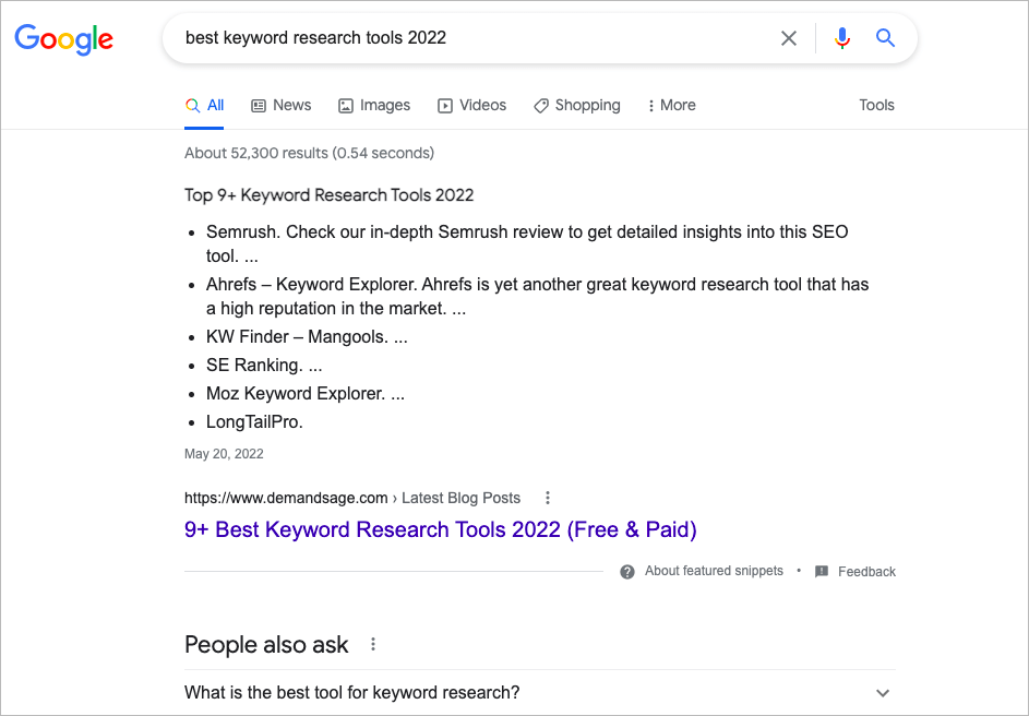 Resultados de búsqueda de Google para herramientas de investigación de palabras clave
