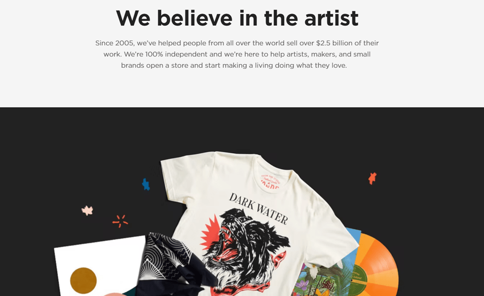La página del Gran Cartel dice "Creemos en el artista" con la imagen de los productos del artista