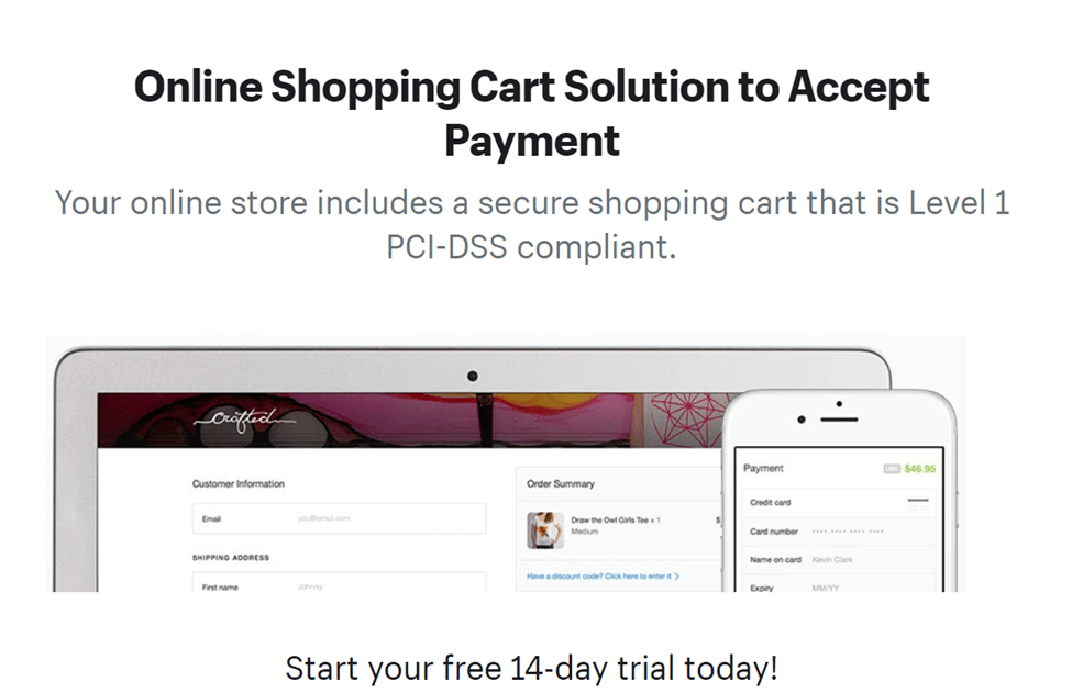Página de Shopify con título que dice "Solución de carrito de compras en línea para aceptar pagos"