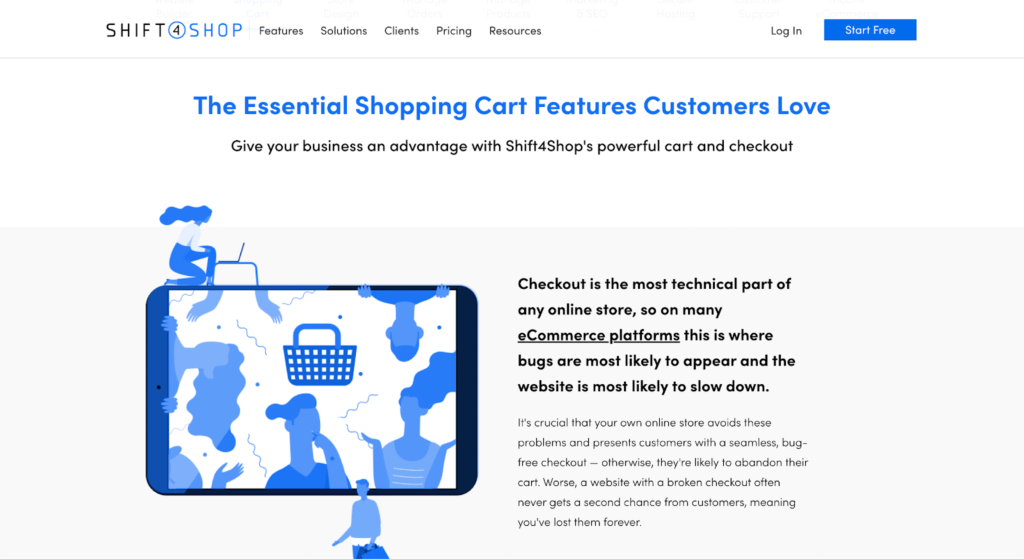 Página de inicio del carrito de compras de Shift4Shop con título que dice "El carrito de compras esencial cuenta con queridos clientes."