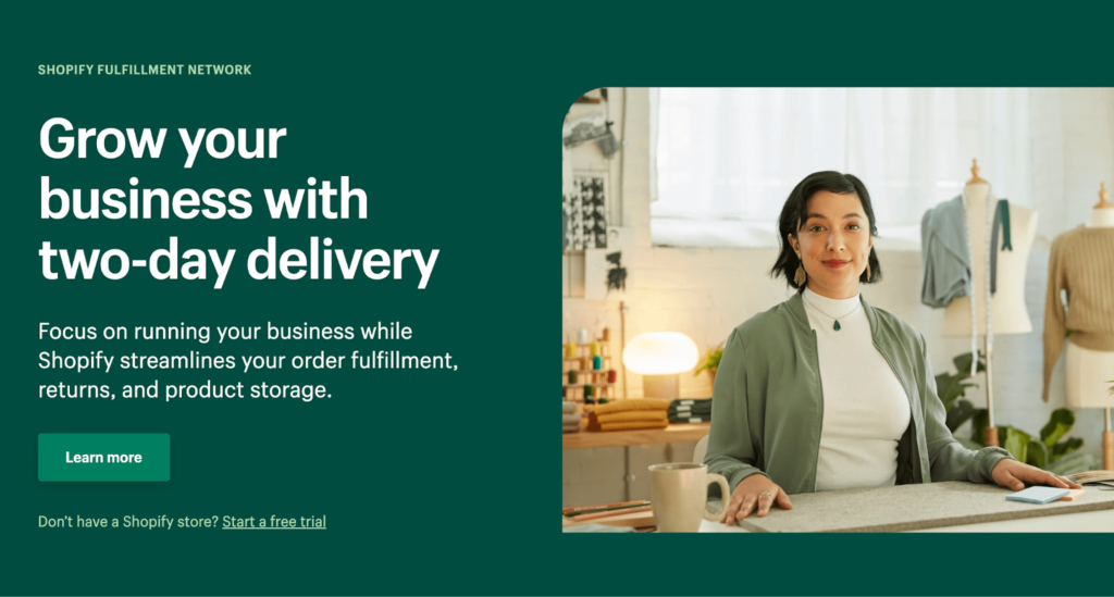 Captura de pantalla de la página Shopify Fulfillment Network con el título que dice "Haz crecer tu negocio con la entrega en dos días"
