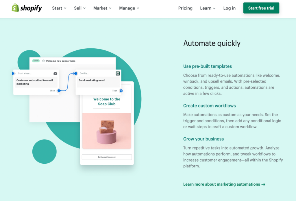 Captura de pantalla de la página de automatización de correo electrónico de Shopify para usar plantillas prediseñadas, crear flujos de trabajo personalizados y hacer crecer tu negocio.