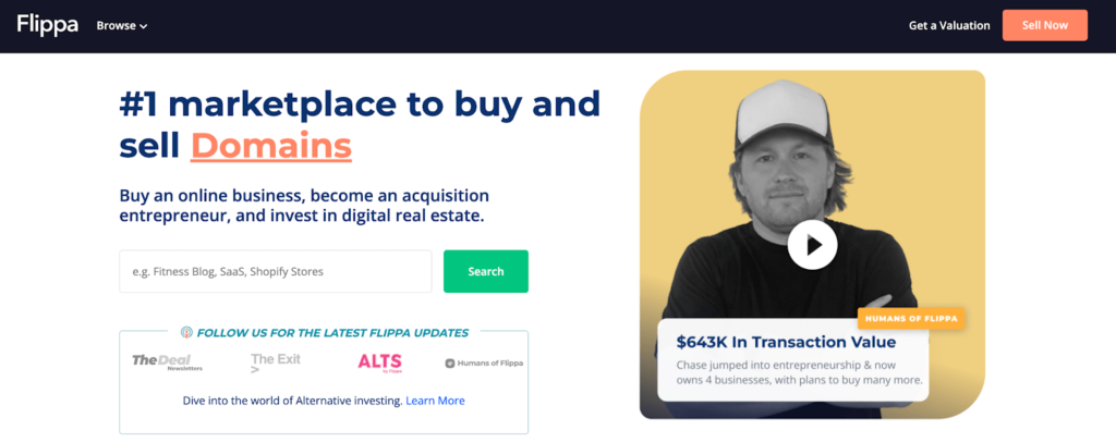 Landing page de Flippa para comprar y vender dominios