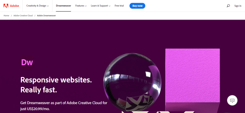 Página de inicio de Adobe Dreamweaver
