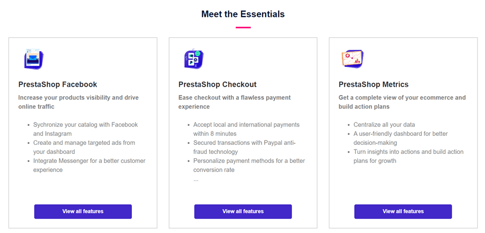 Página web de PrestaShop para sus módulos Essentials, que incluye herramientas para Facebook, pago y valores de la tienda web.