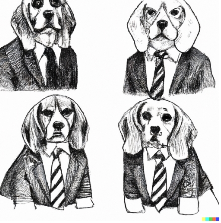 Dibujo de cuatro beagles en trajes.